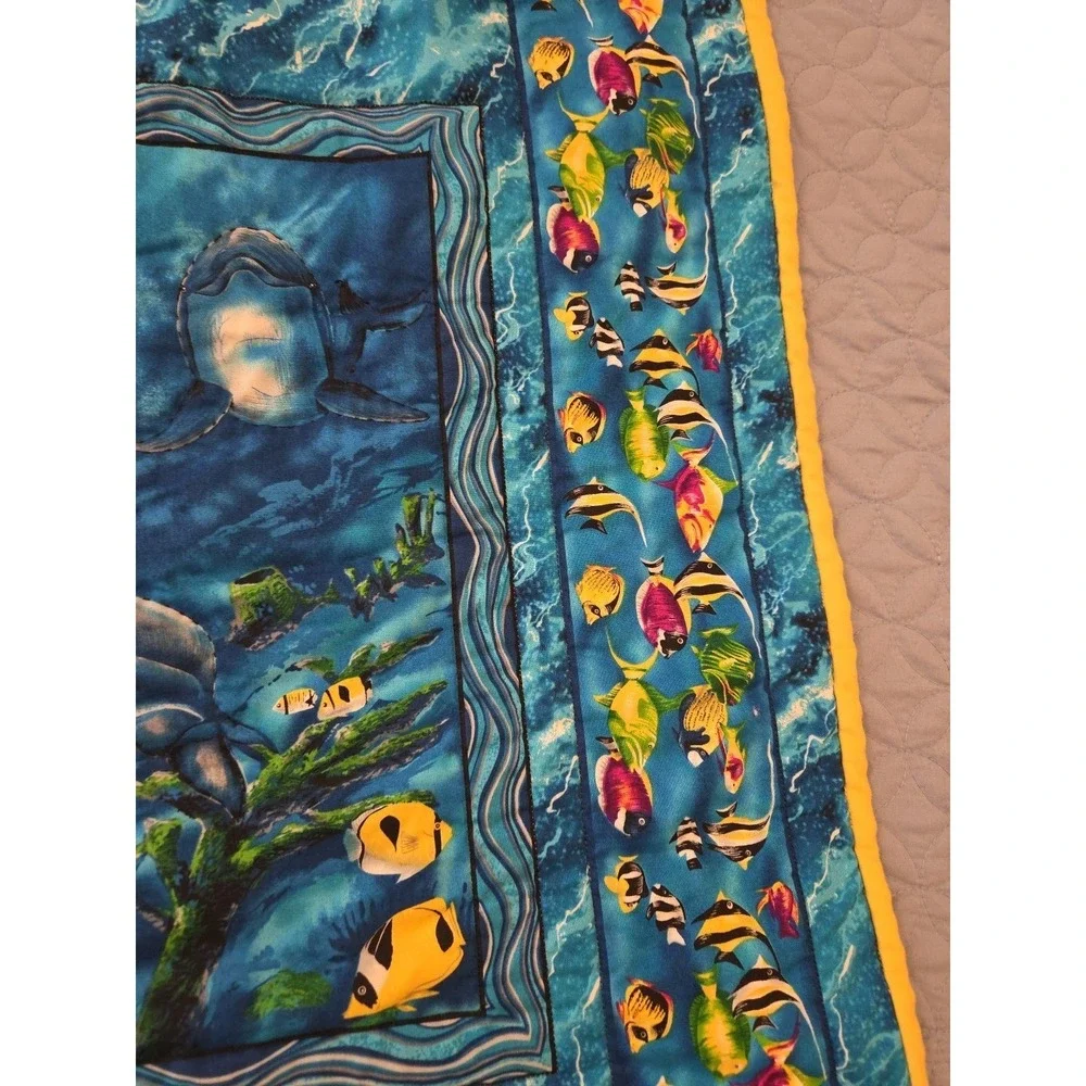 Handmade Crib Lap Blanket Ocean Life Dolphins Whales Blue Yellow 42